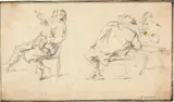 David Teniers d.J., Zwei Männer, an einem flachen Tisch sich unterhaltend, links mit einem Raucher auf einem Stuhl sitzend, Circa 1660, Black pen, with framing line in pen and ink on laid paper