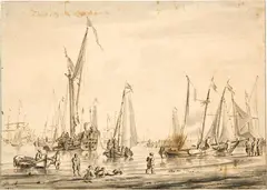 Jacobus Storck, Strandszene mit Booten und einem Handelsschiff mit Staffage, 1670, Pen and ink in bister, washed with a brush in ink, on laid paper