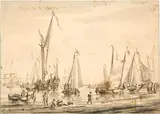 Jacobus Storck, Strandszene mit Booten und einem Handelsschiff mit Staffage, 1670, Pen and ink in bister, washed with a brush in ink, on laid paper
