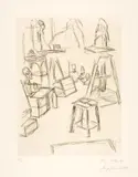 Alberto Giacometti, Sculptures dans l'atelier, 1965, Etching on wove paper with watermark "Rives"