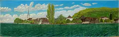 Adolf Dietrich, Berlingen mit Pappeln vom See aus, 1927, Oil on cardboard over cardboard