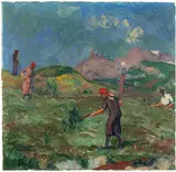 Giovanni Giacometti, Gebirgslandschaft mit arbeitenden Bäuerinnen, 1929, Oil on canvas