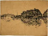 Emil Nolde, Bauernhäuser am See mit Brücke (Ruttebüll), 1909, Pen and brush drawing in Indian ink