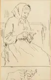Albert Anker, Strickende Bäuerin und Handstudien / Lesende Bäuerin, (rückseitig), Pen and ink drawing