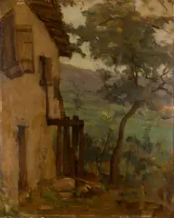 Barthélemy Menn, Landschaft mit Fassade eines Bauernhauses, Oil on paper on cardboard
