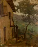 Barthélemy Menn, Landschaft mit Fassade eines Bauernhauses, Oil on paper on cardboard