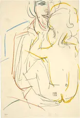 Albert Müller, Mutter mit Kind (Anna Müller mit Kaspar), Around 1925, Drawing in pencil and colour grease crayons