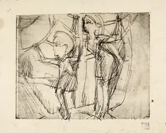 Albert Müller, Zwei Kinder, auf Bäume kletternd, 1926, Line etching, reworked with ink