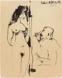 Pablo Picasso, Peintre et modèle, 25 Decemer 1953, Pen-and-ink drawing in black Indian ink, washed in places with a brush