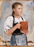 Albert Anker, Erdbeer-Mareili (Mädchen mit Krug), Um 1884, Oil on gauze, mounted on cardboard
