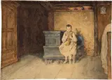 Albert Anker, Strickendes Mädchen auf Ofenbank in einer Bauernstube, circa 1880, Watercolour and opaque colours