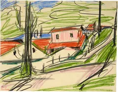 Werner Neuhaus, Landschaft mit Häusern mit roten Dächern, c. 1925, Drawing in colour chalks