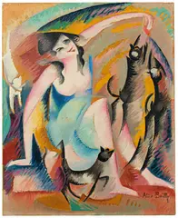 Alice Bailly, Jeune fille aux chats, Circa 1913, Oil on brown paper, mounted on cardboard, backed with canvas