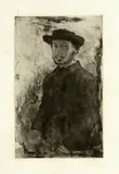 Edgar Degas, Edgar Degas, par lui-même - Selfportrait, 1857, Etching and drypoint, monotype coloured