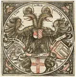 Hans Burgkmair the Elder, Der Reichsadler mit den Wappen der drei Universitätsstädte Ingolstadt, Freiburg und Tübingen, Coloured woodcut