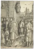 Lucas van Leyden, Der verspottete Virgil - The poet Virgil suspended in a basket, Circa 1514, Woodcut