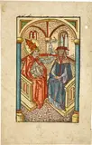 Sankt Gregor und Petrus Diaconus by : 74 Sankt Gregor und Petrus Diaconus, Circa 1470, Woodcut, richly colored contemporary, offered Sep 2021