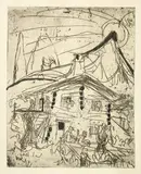 Ernst Ludwig Kirchner, Alphütte in untergehender Sonne, 1919, Line etching and drypoint, lightly overpainted with an ink brush