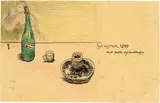 Cuno Amiet, Stillleben mit Flasche. Postkarte, 31 December 1899, Pen in ink, colour pencil and pencil