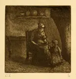 Camille Pissarro, Paysanne donnant à manger à un enfant, 1874, Etching and aquatint