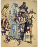 Simplicissimus - Heinrich Kley, Auf den Häusern, Around 1908-1910, Ink and pencil, watercolours