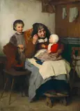 Albert Anker, Grossmutter, ihrem Enkelkind die Suppe gebend, 1868, Oil on canvas