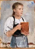 Albert Anker, Erdbeer-Mareili (Mädchen mit Krug), Um 1884, Oil on gauze, mounted on cardboard