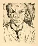 Max Beckmann, Selbstbildnis von vorn, im Hintergrund Hausgiebel, 1918, Kaltnadel auf Japan