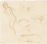 Paul Gauguin, Skizzenblatt mit einer Figur, einer Pflanze und Schweinen
