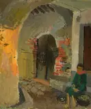 Walter Kurt Wiemken, Torbogen, rechts mit sitzender weiblicher Figur, 1928, Oil on canvas