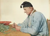 Albert Anker, Seeländer Bauer beim Bohnenrüsten, 1904, Aquarell