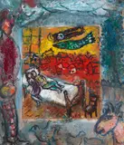 Marc Chagall, La Vision du peintre, 1958, Öl und Gouache auf Holz, in der Mitte aufgelegt auf zweite Holzplatte, mit Ölfarbe, Tusche und farbige Tinten