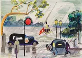 Uferstrasse in Zürich mit Blick auf den See, zwei Autos, zwei  Passanten und Dampfschiff by Ernst Ludwig Kirchner, Um 1932, Deckfarben und Aquarell über leichter Vorzeichnung in Bleistift, offered Jun 2019