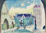 Bern, Münsterplatz mit Rudolf-von-Erlach-Denkmal und Mosesbrunnen by Ernst Ludwig Kirchner, 1933, Deckfarben und Aquarell über leichter Vorzeichnung in Bleistift, offered Jun 2019