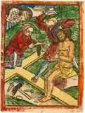 Vorbereitungen zur Kreuzigung by : 50 Vorbereitungen zur Kreuzigung, Augsburg, um 1475, Holzschnitt, reichhaltig koloriert, offered Jun 2019