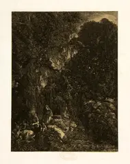 Rodolphe Bresdin, La Sainte Famille aux cerfs, 1878, Radierung, auf Stein übertragen