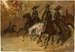Constantin Guys, Le Bai d'automne - Ausritt im Herbstwald, Um 1851/1852, Aquarell, Gouache, Feder und Pinsel in Tinte, weiss gehöht