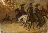 Constantin Guys, Le Bai d'automne - Ausritt im Herbstwald, Um 1851/1852, Aquarell, Gouache, Feder und Pinsel in Tinte, weiss gehöht