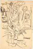 Ernst Ludwig Kirchner, Blumendolden mit Zeitung und Skulpturen