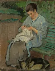 Hans Sturzenegger, Die Gattin des Künstlers beim Nähen, 1917, Öl auf Leinwand