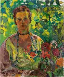 Cuno Amiet, Anna Amiet im Blumengarten auf der Oschwand, 1928, Öl auf Leinwand