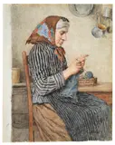 Albert Anker, Eine BÃ¤uerin aus Ins beim Stricken in der KÃ¼che, Um 1900, Aquarell
