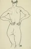 Egon Schiele, Weiblicher Rückenakt, die Hände auf der Hüfte, 1917, Schwarze Kohle, mit Bleistift ergänzt