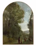 Jean-Baptiste Camille Corot, Allée dans le Bois de Ville-d'Avray, en vue de l'étang, bucheronne et vachère