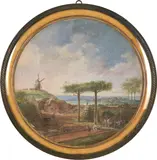 Henri-Désiré van Blarenberghe, Kegelbahn in Landschaft, mit Windmühle, Um 1790, Malerei in Deckfarben, im Rund