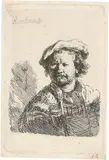 Selbstbildnis mit der flachen Kappe und gestickter Kleidung by Rembrandt Harmensz van Rijn, Um 1642, Radierung, offered Jun 2017
