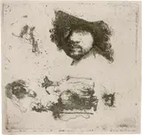 Studienblatt mit einem Selbstbildnis und einem Bettlerpaar by Rembrandt Harmensz van Rijn, 1632, Radierung, offered Jun 2017