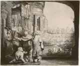 Petrus und Johannes, an der Pforte des Tempels einen Krüppel heilend by Rembrandt Harmensz van Rijn, 1659, Radierung, Kupferstich und Kaltnadel, offered Jun 2017