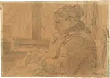 Albert Anker, Sitzende Bäuerin beim Nähen, Bleistiftzeichnung.