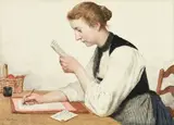 Albert Anker, Seeländer Bäuerin, einen Brief lesend und beantwortend, 1905., Aquarell.